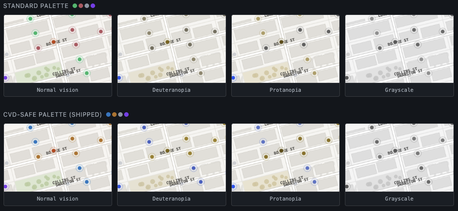 Comparison of the standard parking map colour palette against the colour-blind-friendly mode, which uses blue, red and yellow