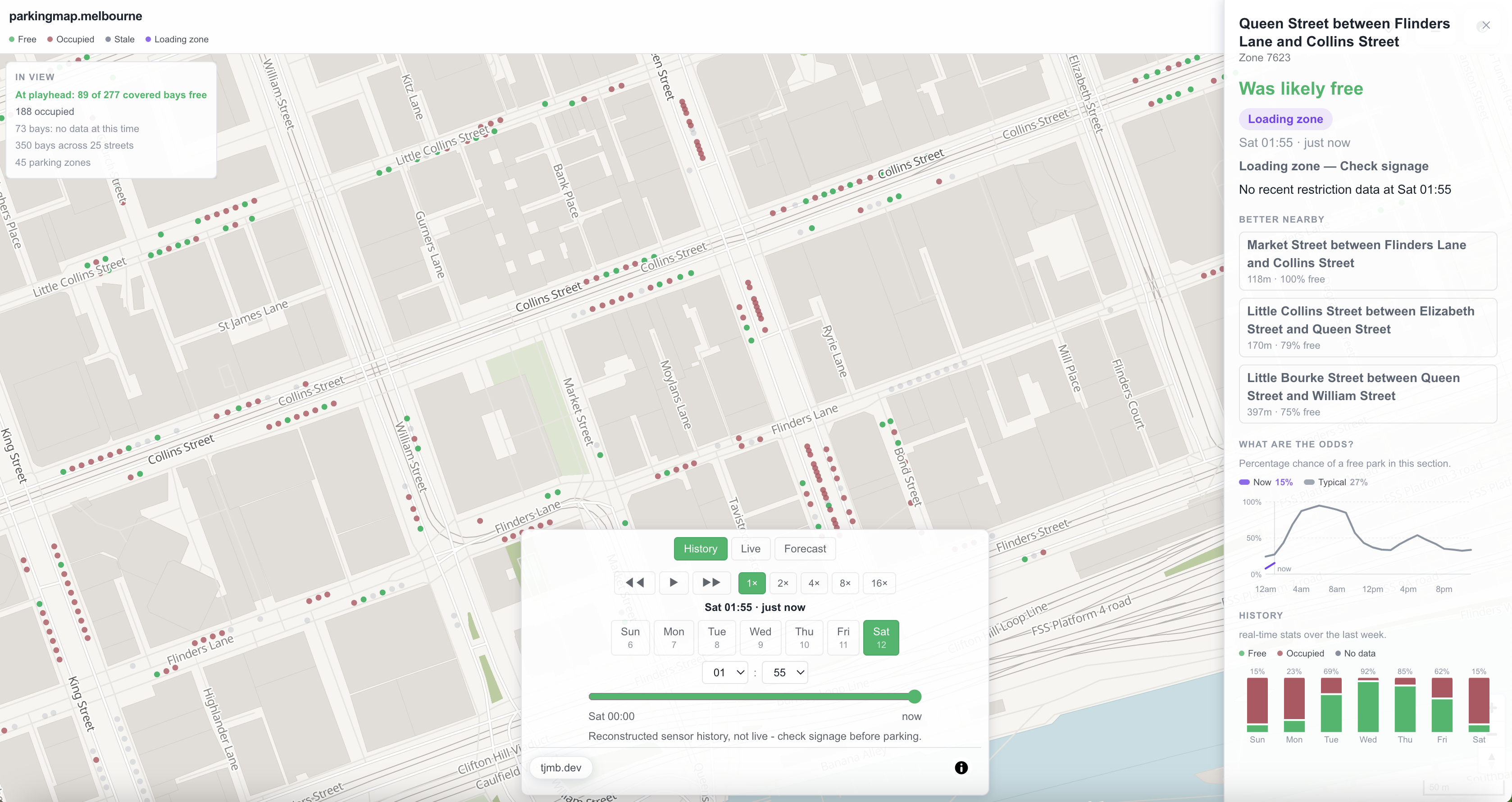 History mode on parkingmap.melbourne with the scrubber showing replayed parking activity from the past seven days