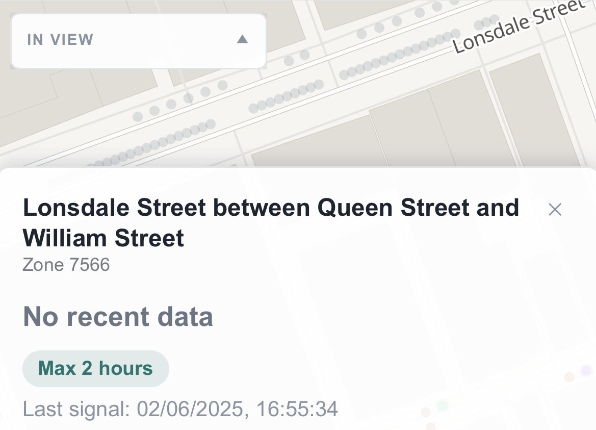 Zoomed-in view of the location pin on Lonsdale St, Melbourne showing individual parking bay sensors