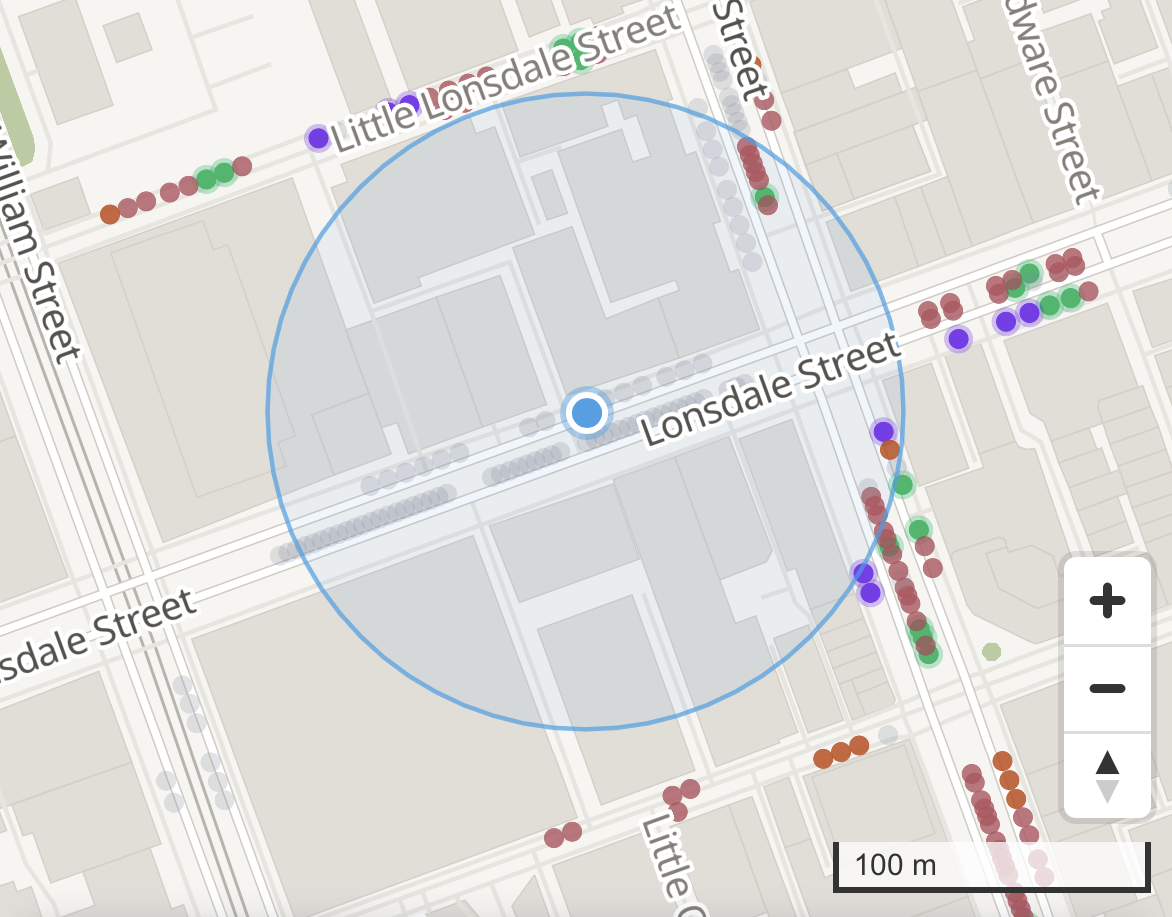 parkingmap.melbourne with a location pin dropped on Lonsdale St, Melbourne, surrounded by greyed-out sensor dots