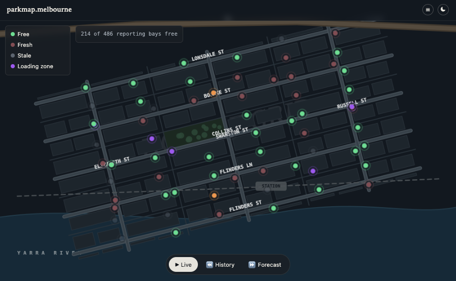 Design specimen sheet showing the dark mode colour palette, typography and UI components for parkingmap.melbourne