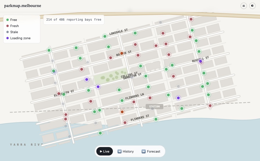 Design specimen sheet showing the light mode colour palette, typography and UI components for parkingmap.melbourne